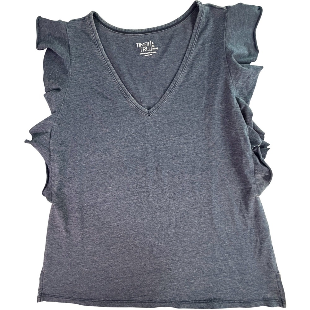 Womens Gray Ruffle Sleeve‎ V Neck T Shirt Top Size L G 12 14 Cottagecore Fem